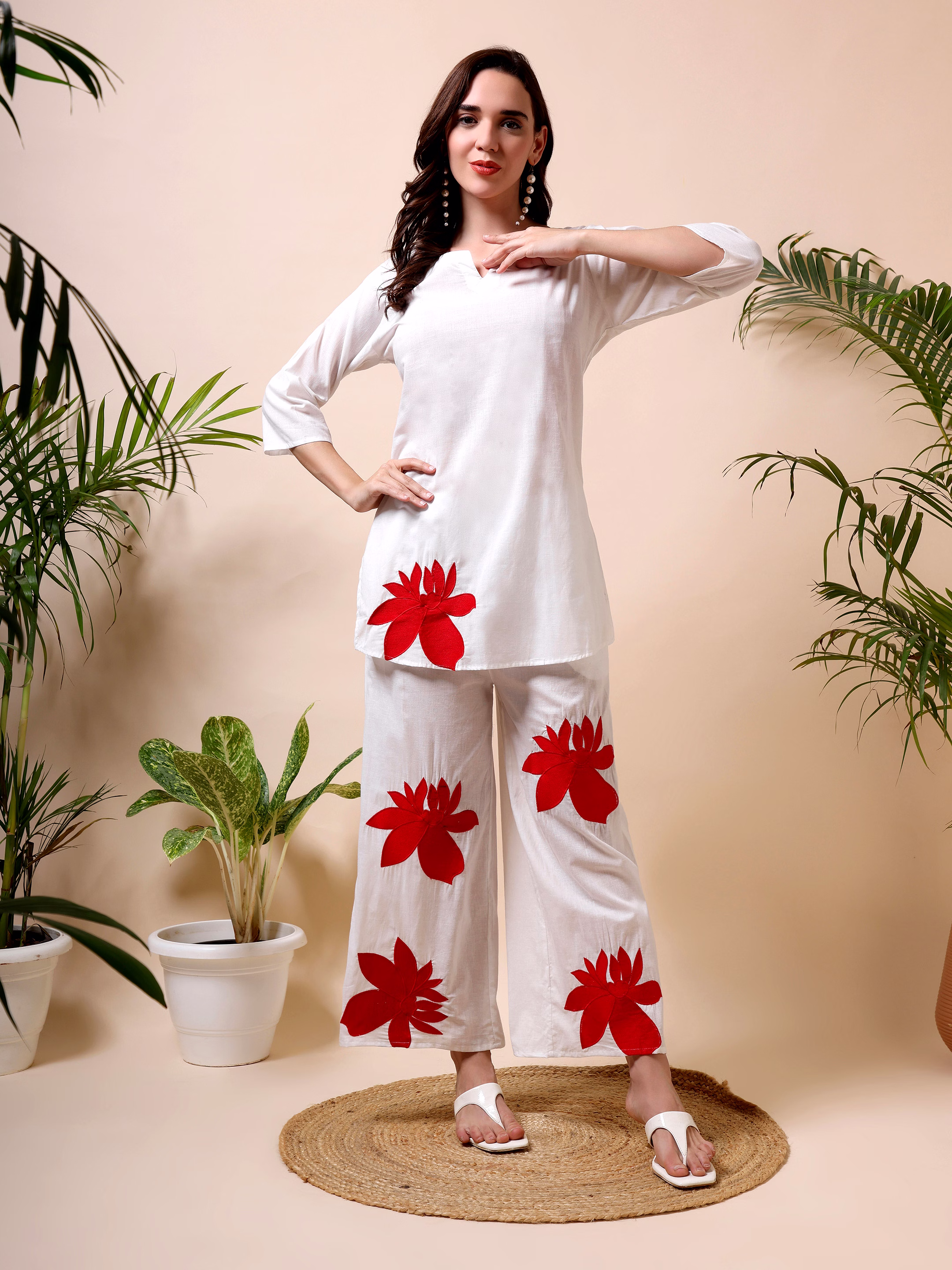 white co-ord set with red flower design