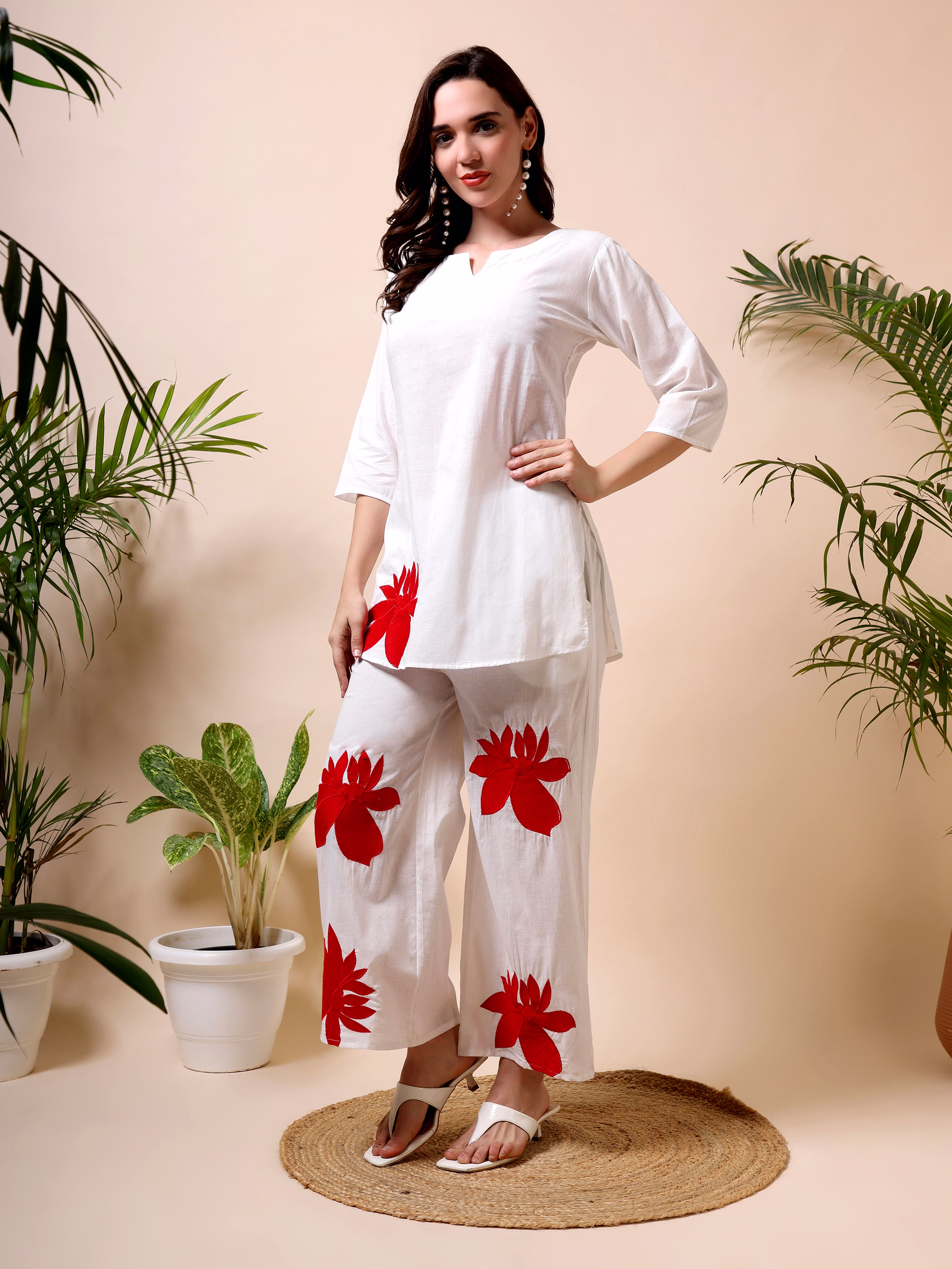 White Co-ord Set with Red Flower Design image 2