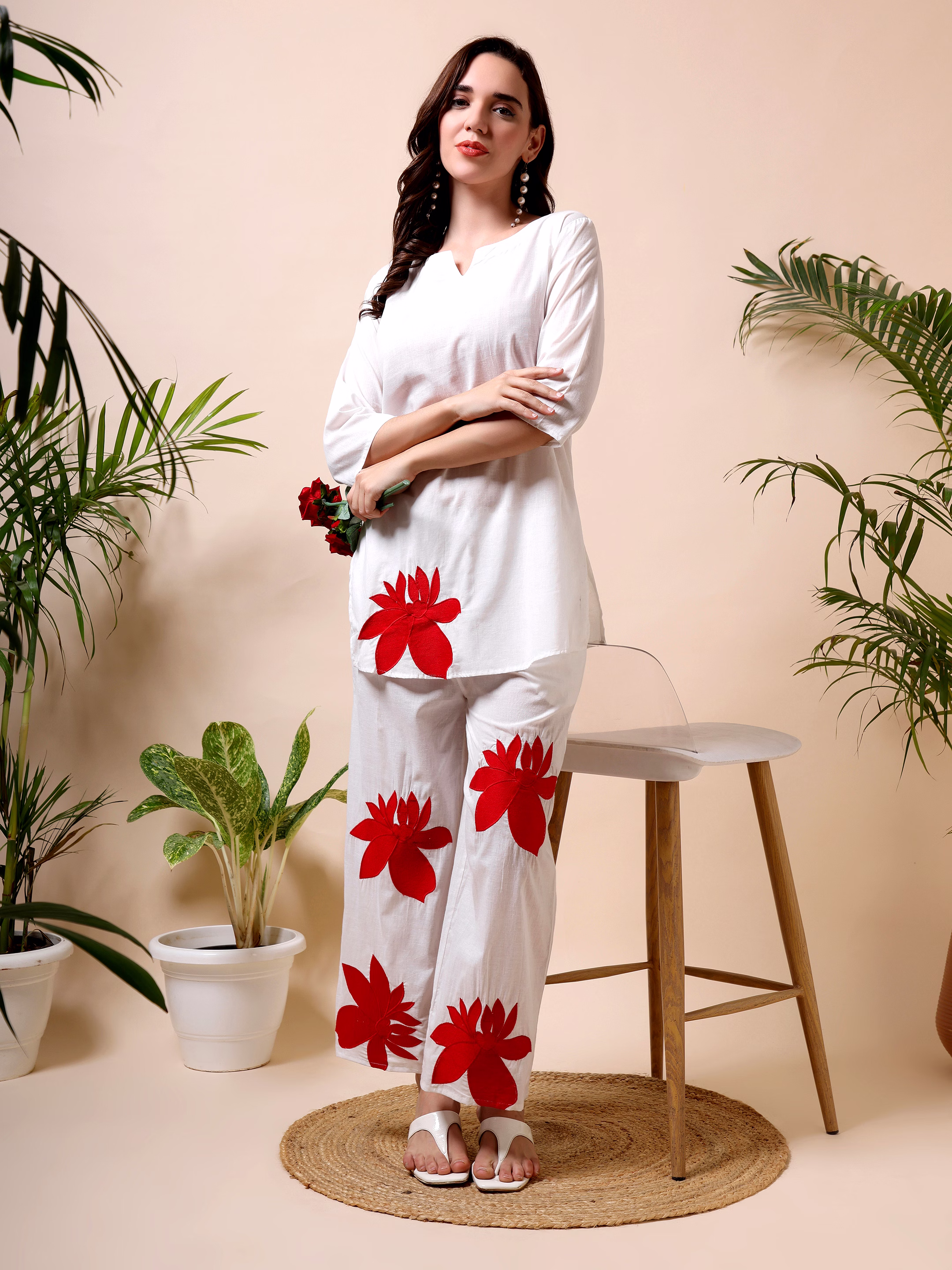 White Co-ord Set with Red Flower Design image 3
