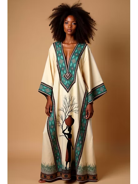 Elegant African Print Long Kaftan Dress – Lightweight Microfiber, One Size Fits Most