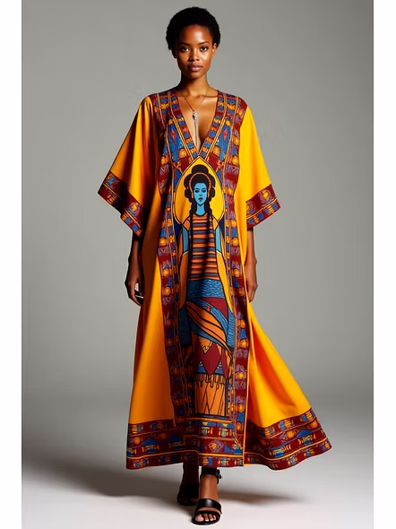 Goddess-Inspired Long Kaftan for Women – Vibrant Yellow, Digital Printed Microfiber with Ethnic Art