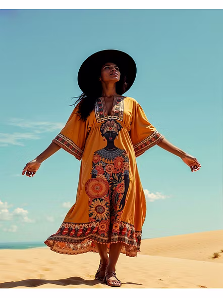 Desert Goddess Long Kaftan Dress – African Art Print | Lightweight Microfiber Comfort wear