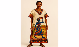 Goddess Village Long Kaftan – Digital Printed Microfiber Dress with Tribal Art & V-Neck Border
