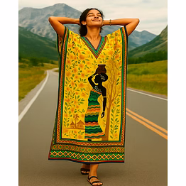 sunlit goddess long kaftan – vibrant yellow microfiber dress with afrocentric print
