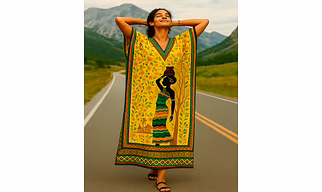 Sunlit Goddess Long Kaftan – Vibrant Yellow Microfiber Dress with Afrocentric Print