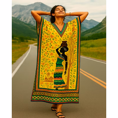 sunlit goddess long kaftan – vibrant yellow microfiber dress with afrocentric print
