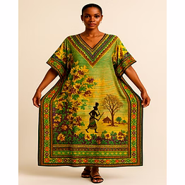 floral goddess long kaftan – digital printed microfiber dress with african art motif