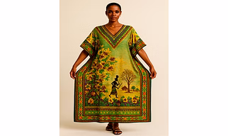 Floral Goddess Long Kaftan – Digital Printed Microfiber Dress with African Art Motif