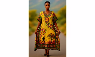 Floral Hunting Scene Long Kaftan – Lightweight Microfiber Digital Print Dress
