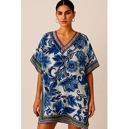 ocean bloom floral short kaftan – lightweight microfiber v-neck resort wear for women