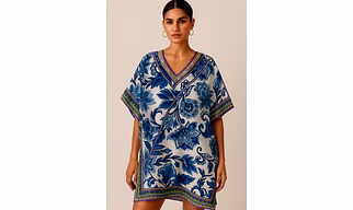 Ocean Bloom Floral Short Kaftan – Lightweight Microfiber V-Neck Resort Wear for Women