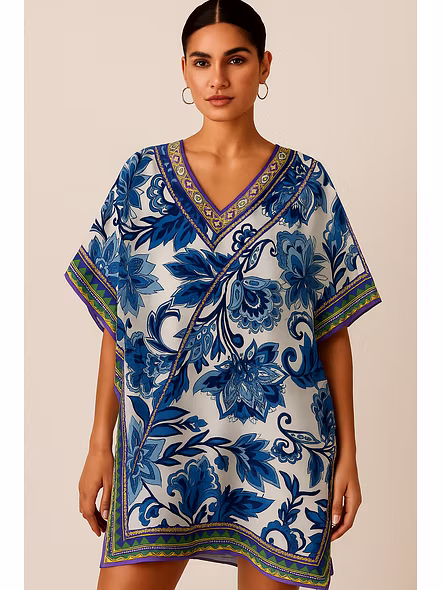 Ocean Bloom Floral Short Kaftan – Lightweight Microfiber V-Neck Resort Wear for Women