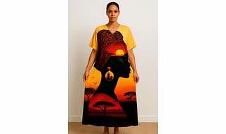 Sunset Goddess Long Kaftan – V-Neck Microfiber Dress with Digital Print