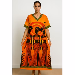 tribal goddess trio long kaftan – vibrant digital print microfiber dress