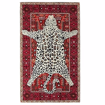 safia carpet and rug leopard print design, traditional persian border, red and white rugs