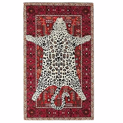 Leopard Print Design, Traditional Persian Border, Red and White Rugs-12748097