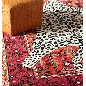 Leopard Print Design, Traditional Persian Border, Red and White Rugs