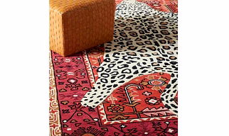 Leopard Print Design, Traditional Persian Border, Red and White Rugs