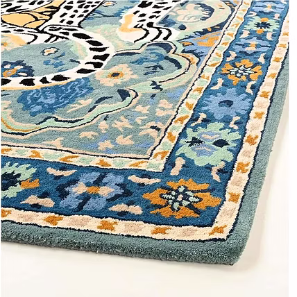 Decorative Area Rug with Leopard Design, Blue Floral Border-4