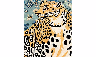 Decorative Area Rug with Leopard Design, Blue Floral Border