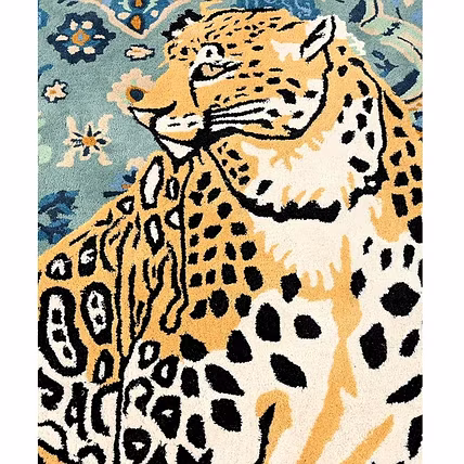 Decorative Area Rug with Leopard Design, Blue Floral Border-12748115