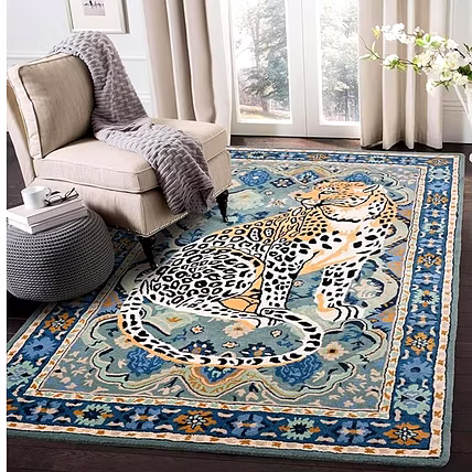 Decorative Area Rug with Leopard Design, Blue Floral Border-1