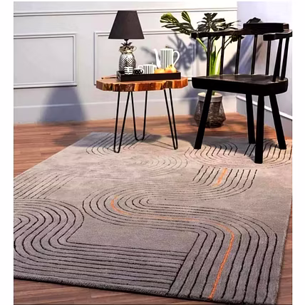Modern Area Rug with Curved Line Pattern, Contemporary Abstract Design, Grey with Coral Accent, Indoor Floor Carpet (3x5 Feet)-12748123