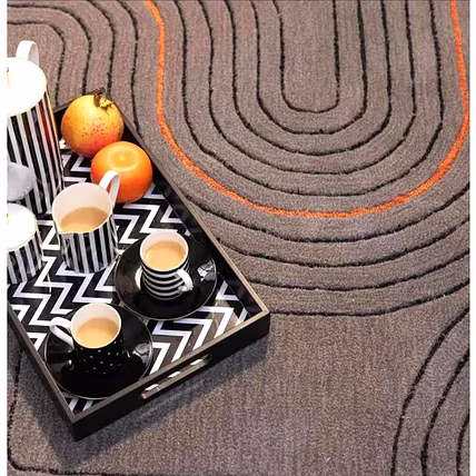 Modern Area Rug with Curved Line Pattern, Contemporary Abstract Design, Grey with Coral Accent, Indoor Floor Carpet (3x5 Feet)-1