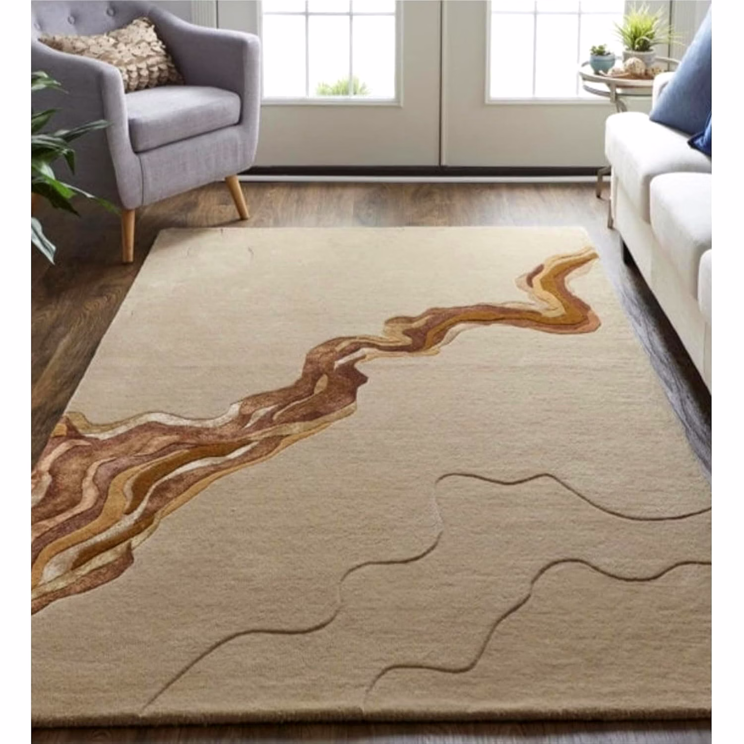 safia carpet and rug modern abstract area rug with wavy brown design, beige and tan colors, contemporary home decor (4x6 feet)