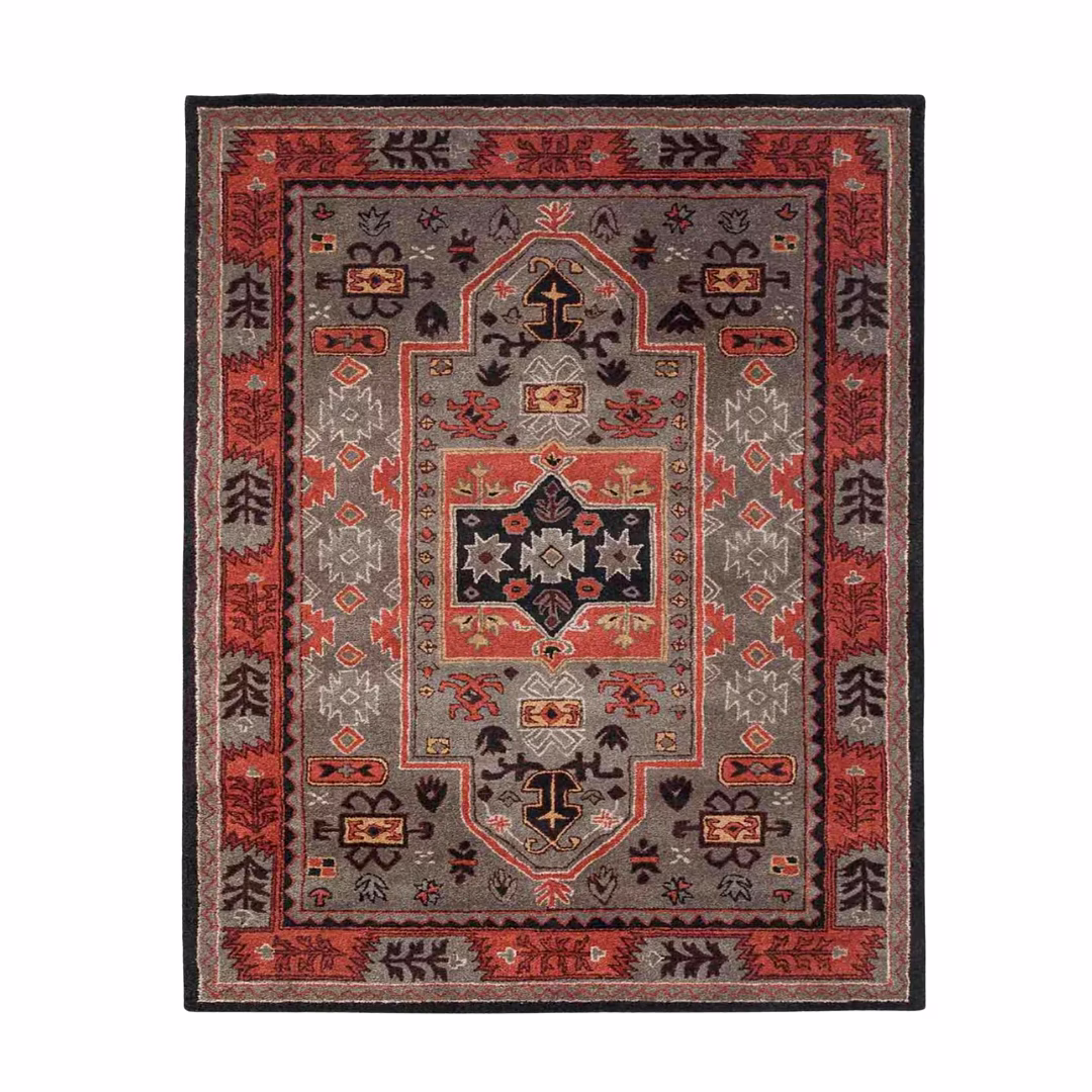safia carpet and rug vintage area rug, grey with coral border, wool, hand-tufted, medium pile, traditional pattern, living room, , rectangle (6x8) ft