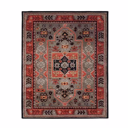 safia carpet and rug vintage area rug, grey with coral border, wool, hand-tufted, medium pile, traditional pattern, living room, , rectangle (6x8) ft