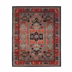 Vintage Area Rug, Grey with Coral Border, Wool, Hand-Tufted, Medium Pile, Traditional Pattern, Living Room, , Rectangle (6x8) ft