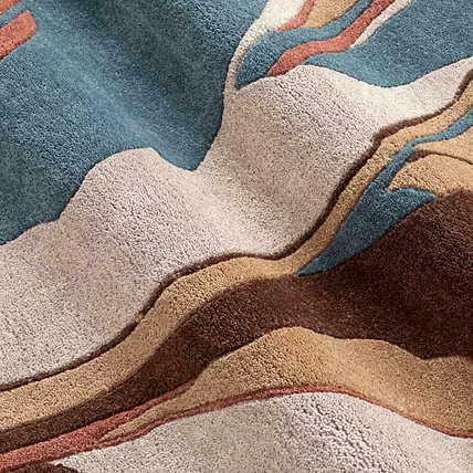 Modern Abstract Area Rug, Contemporary Artistic Pattern in Blue, Brown, Orange and Beige, Hand-Tufted Wool, Living Room Decor-1