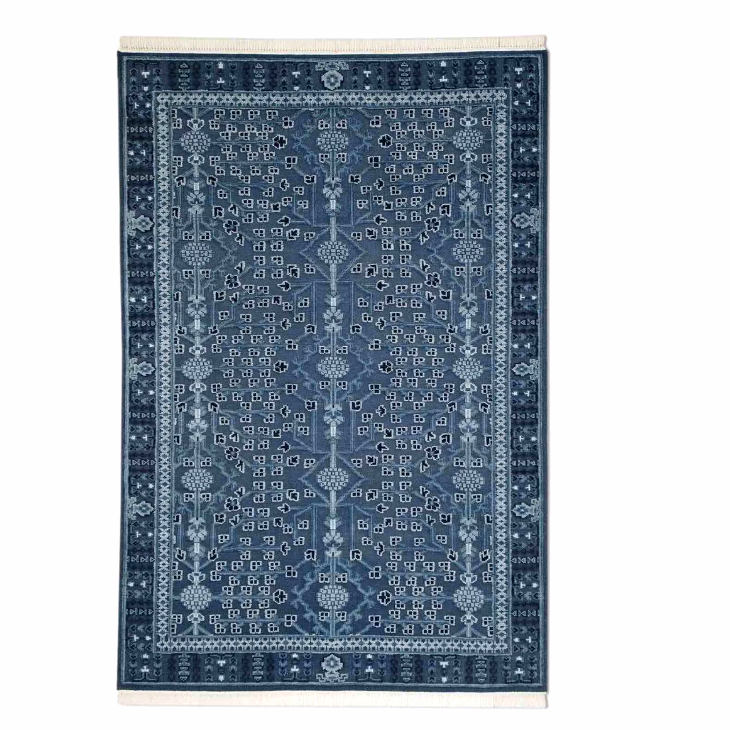 traditional persian area rug, navy blue, oriental floral pattern, cotton fringe border, vintage style (5x8) ft