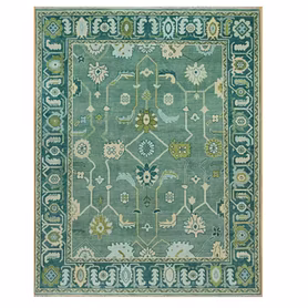 Vintage Persian Area Rug, Traditional Floral Pattern, Sage Green with Beige Accents, Hand-Knotted with Fringe Border