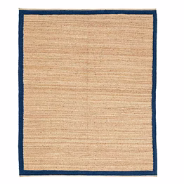 safia carpet and rug natural jute area rug with navy blue border, handwoven seagrass mat, coastal farmhouse style, indoor floor covering