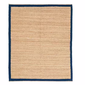 Natural Jute Area Rug with Navy Blue Border, Handwoven Seagrass Mat, Coastal Farmhouse Style, Indoor Floor Covering