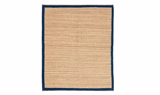 Natural Jute Area Rug with Navy Blue Border, Handwoven Seagrass Mat, Coastal Farmhouse Style, Indoor Floor Covering
