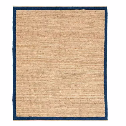 Natural Jute Area Rug with Navy Blue Border, Handwoven Seagrass Mat, Coastal Farmhouse Style, Indoor Floor Covering-12751775