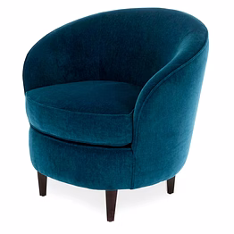 modern upholstered barrel accent chair with curved backrest, plush cushioned seat, and solid wooden legs for living room or bedroom