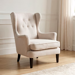 classic upholstered wingback accent chair with button-tufted high back, padded armrests, plush seat cushion, and solid wooden legs for living room or bedroom