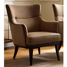 handcrafted upholstered accent armchair with solid wooden legs, plush cushioned seat, and elegant contemporary design