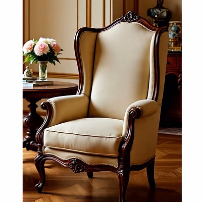 handcrafted classic wingback accent chair with solid wood frame, luxurious upholstery, and elegant carved detailing for living room or lounge
