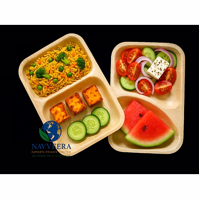navveera areca leaf plates eco-friendly areca leaf 2 compartment snacks plates – 100% natural biodegradable dinner plates – heavy duty, microwave safe, disposable food serving plates