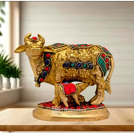 divine grace – handcrafted brass kaamdhenu cow idol with royal gemstone inlay