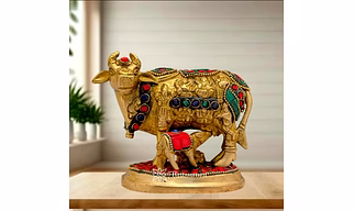 Divine Grace – Handcrafted Brass Kaamdhenu Cow Idol with Royal Gemstone Inlay
