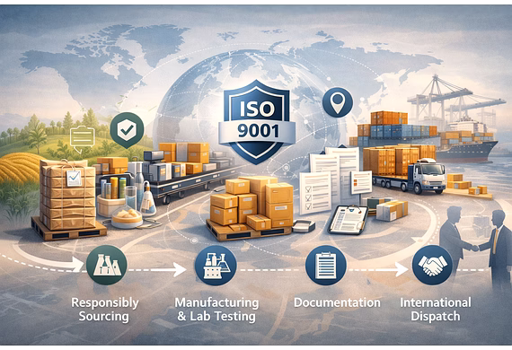 End-to-end export management process from sourcing to international food shipment dispatch.