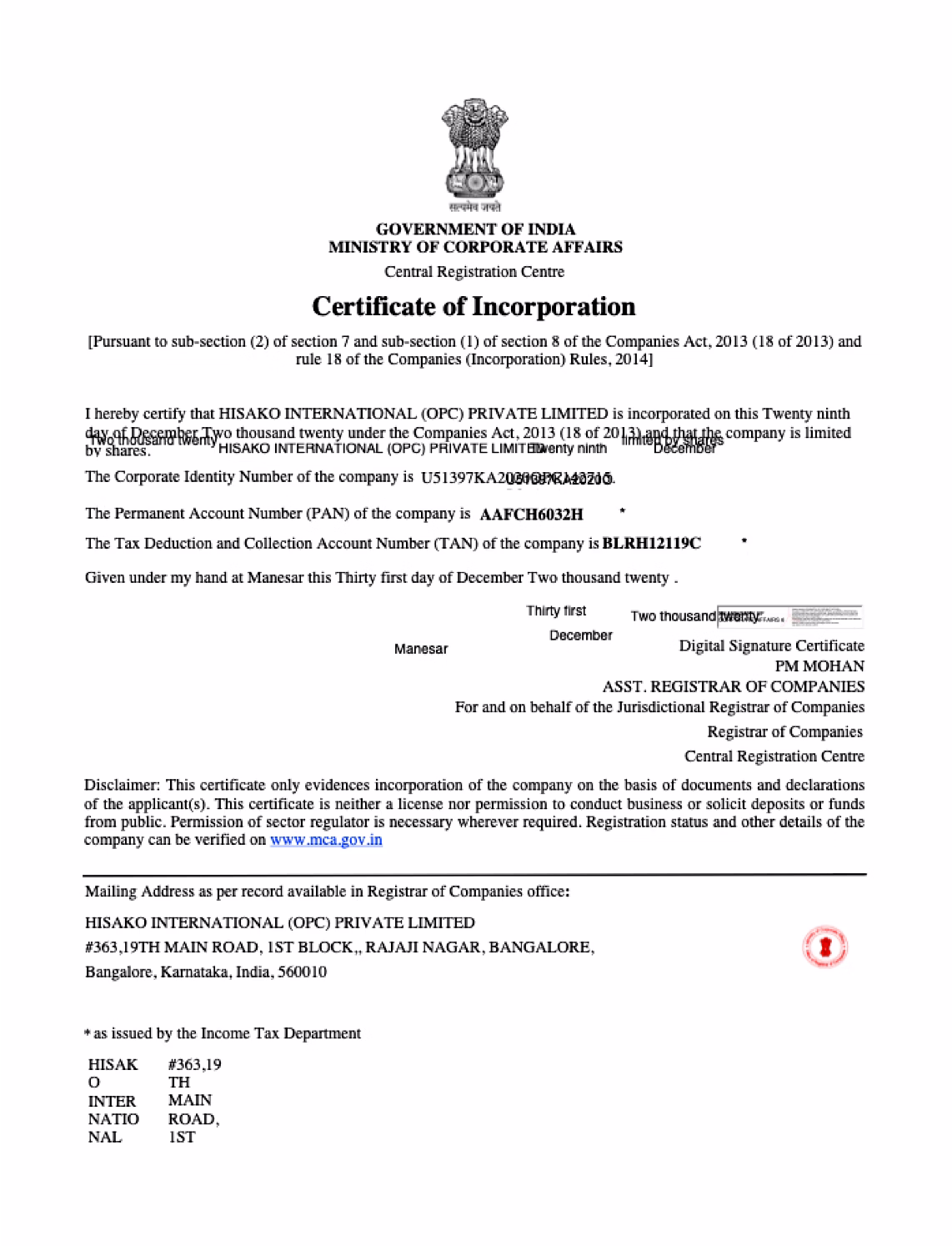 CERTIFICATE OF INCORPORATION