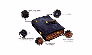 Vintage Leather Journal with Semi Precious Stone Black Triple Moon Design 200 pages Antique Deckle Edge Paper - Book of Shadows, Grimoire Journal, for Men and Women - 8" x 6"