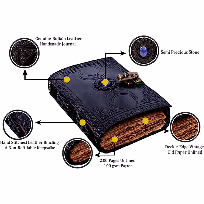 vintage leather journal with semi precious stone black triple moon design 200 pages antique deckle edge paper - book of shadows, grimoire journal, for men and women - 8" x 6"